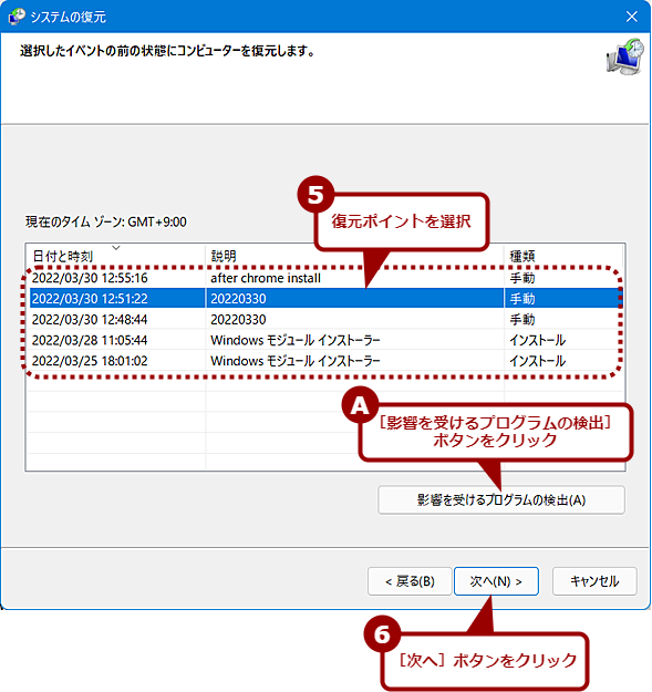 ［システムのプロパティ］ダイアログからシステムを復元する（3）